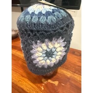 KuSan Blue wool  Square Crochet Beanie Hat Fleece Lined Boho Winter Cap NWT